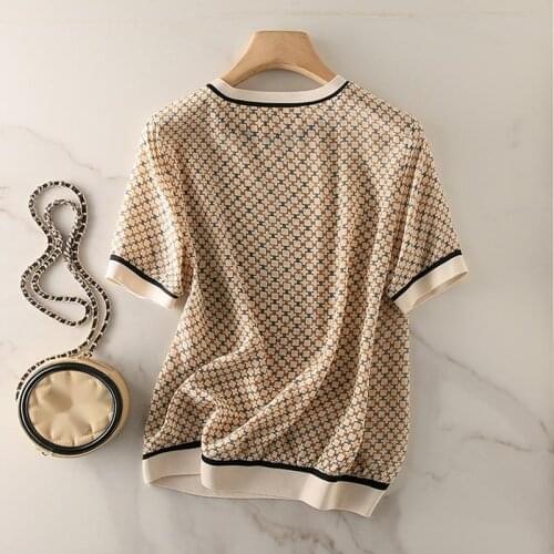 French Romance Tops Womens Short-sleeved Square Plaid Printed T-shirt 2021 Summer New Ribbed Elegant Knitting T-shirt