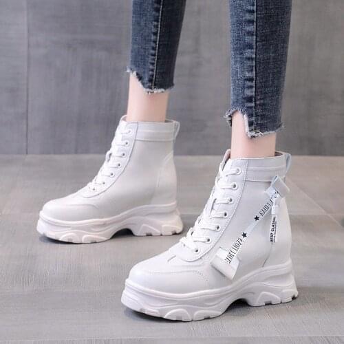 Spring Women Thick Sole Ankle Boots Luxury Platform Casual Boots Womens 7.5cm High Heels Wedge Boots Shoes Woman Sneakers 2021