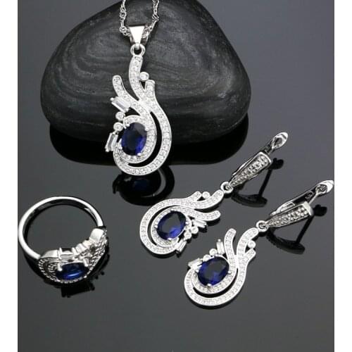 925 Sterling Silver Bridal Jewelry Sets For Women Blue Cubic Zirconia White Crystal Earrings Pendant Ring Necklace Set