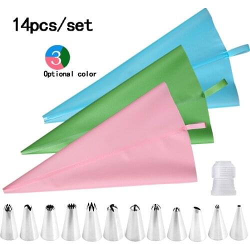 14Pcs/Set Silicone Pastry Bag Tips Kitchen Cake Icing Piping Cream Cake Reusable Pastry Bags Decorating Tools+12 Nozzle Set