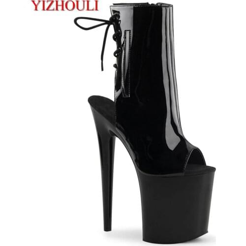 Toasted lacquer sole 20cm high heel, 8 inch banquet stage show thick heel boots, fish mouth outside zipper, ankle boots