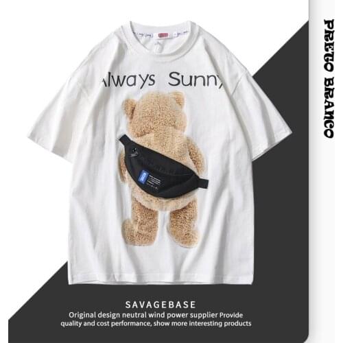 PRETO BRANCO 2021 Summer Tide Mens Bear Print White Short T-shirt Casual Half-sleeved T-shirt Men Women Couple Clothes SH