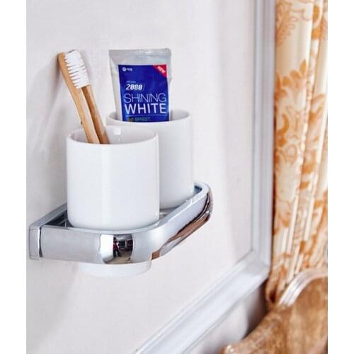 Cup & Tumbler Holders Wall Mounted Ceramic Cup Bathroom Accessories Chrome Double Tumbler Holders Toothbrush Cup Holder KD899