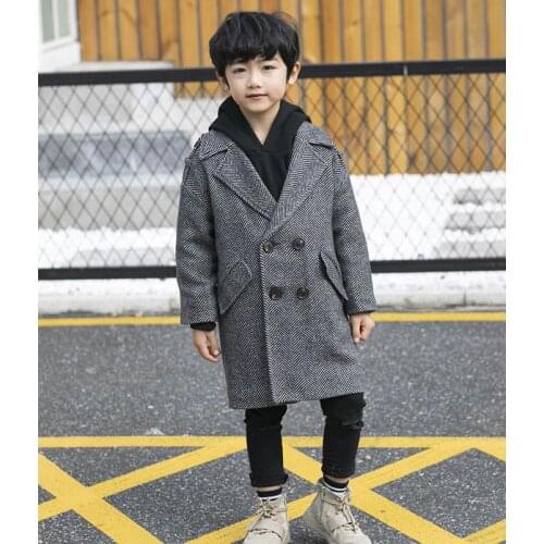 Childrens thick long coat boys wool double-breasted cotton-padded coat 4-12 years old