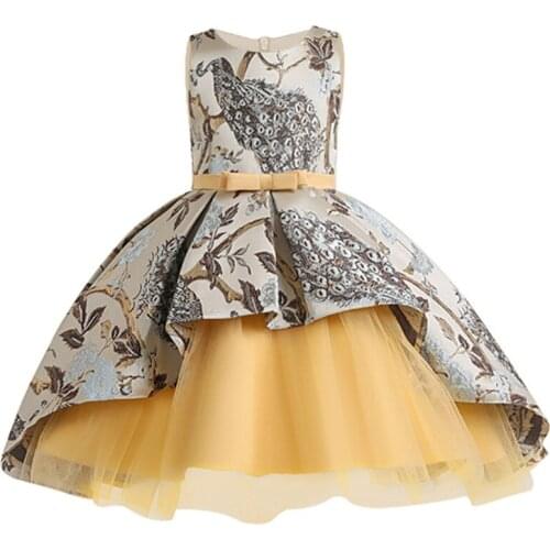 Quality beautiful jacquard girl retro princess dress peacock flower embroidery children party formal evening dress kids clothes