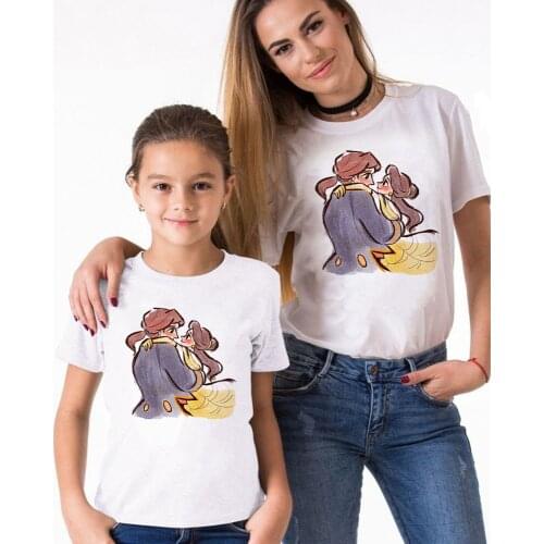 Beauty And The Beast Disney Princess Cute Cartoon Printed Family Matching T Shirt Summer Short Sleeve Matching Family Tshirts