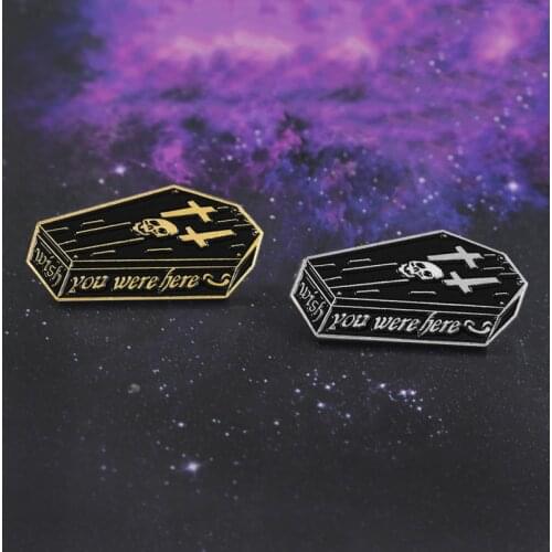 Coffin Skeleton Brooch Cross Zombie "Wish You Were Here" Enamel Pin Denim Leather Punk Dark Badge Halloween Gothic Jewelry Gift