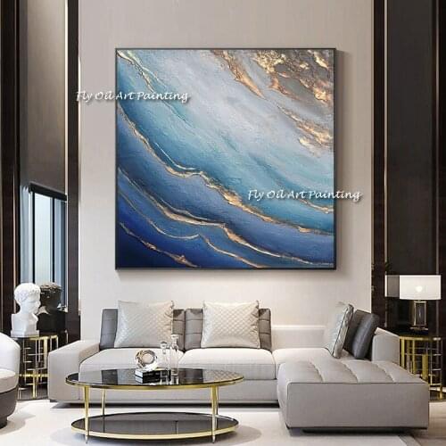 100% Handmade Blue Sea Gold Foil Oil Painting Wall Art Canvas Painting Morden Abstract Wall Picture For Living Room
