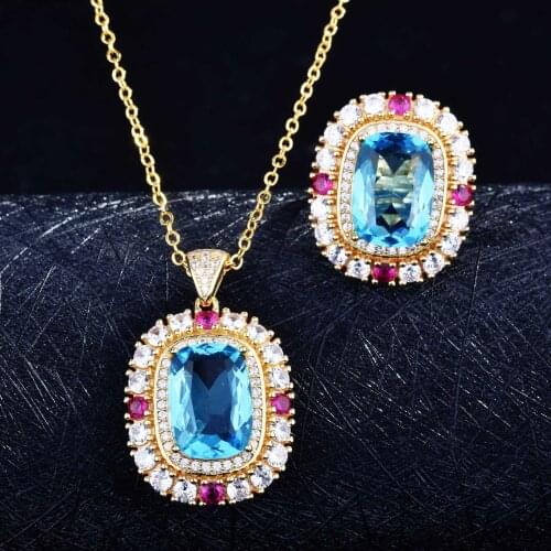 QTT Amazing Jewelry Sets Bridal Gold Color Necklace Ring Wedding Blue Crystal Women Fashion Party Jewelry