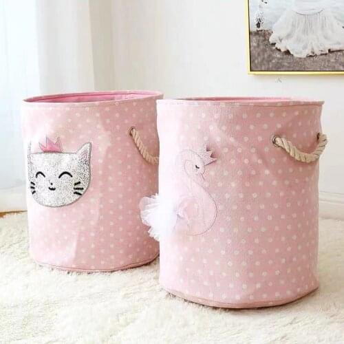 Swan Canvas Storage Round Bag Toys Clothes Kids Room Organizer Pink Bunny Cat Thick Canvas Toy Storage Kids Girl Room Bags 35x40