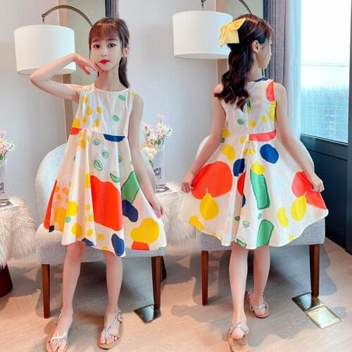 Girls' colorful printed fruit dresses in summer, big boys and little girls dot painted new fashion dresses