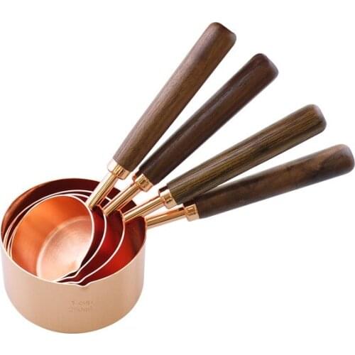 Stainless Steel Rose Gold Measuring Cup 4 Piece Set Black Walnut Handle Measuring Spoon Baking Seasoning Spoon