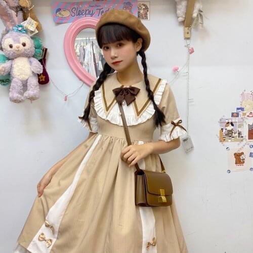 Sweet princess lolita dress vintage bowknot peter pan collar high waist victorian kawaii girl gothic lolita shortsleeve dress