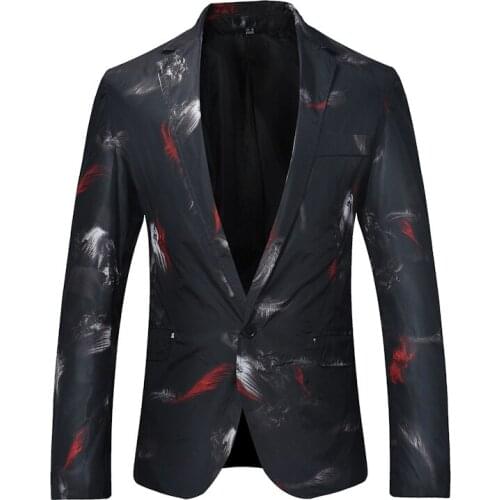 Mens Fashion Feather Print Tuxedo Blazer 2020 Brand One Button Slim Fit Dress Suit Jacket Men Party Wedding Dinner Costume Homme