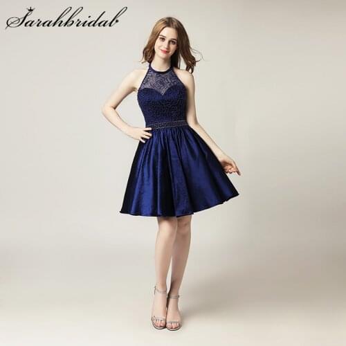 Charming Graduation Gown Sleeveless Halter Backless Mini Homecoming Dress Empire Sequins Beaded Illusion Vestidos Cortos SD401