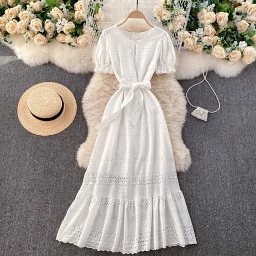 French Ruffles Dress Women Elegant Puff Sleeve With Belt Solid Hollow Grenn /Yellow/White Dresses Summer Streetwear Long Dress