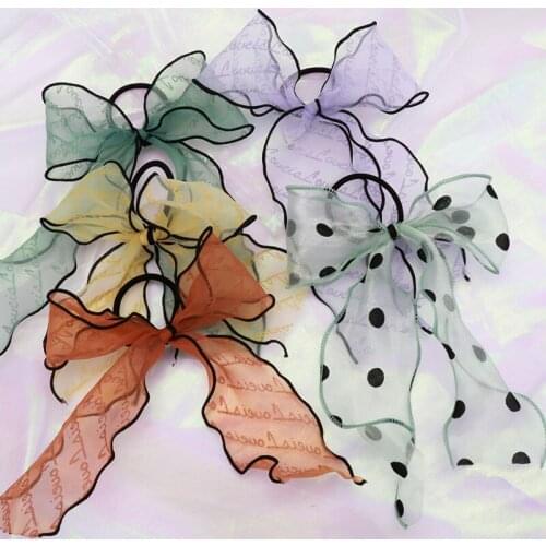 New English Word Polka Dot Webbing Rubber Band Simple Retro Forest Mesh Yarn Bow Rubber Band Hair Accessories