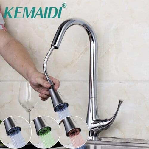 KEMAIDI Contemporary Deck Mounted Led With 3 Color Polished Chrome Finished No Need Battery Water Power Kitchen Faucet Tap Mixer