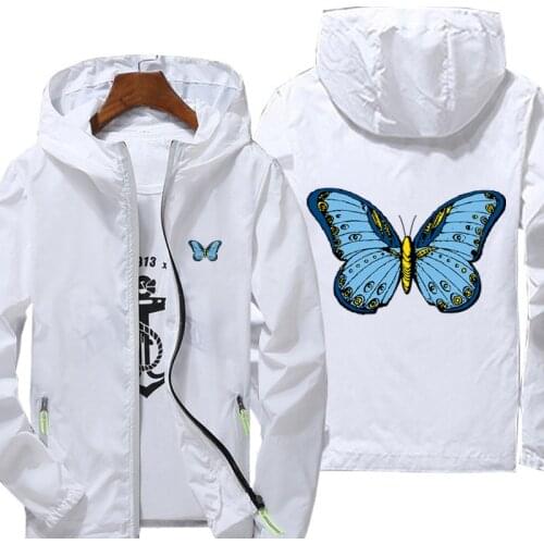 Casual Jacket Spring Autumn reflective zipper Windbreaker waterproof Jackets Blue Butterfly ​men street Hooded thin Coats