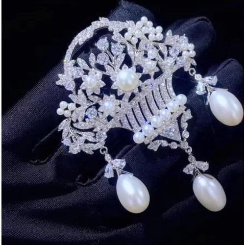 Vintage Victoria natural fresh water pearl brooch pins 925 sterling silver with cubic zircon palace