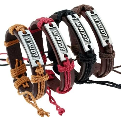 Vintage Fashion Alloy WWJD Charm Bracelet Handmade Rope Wrap Genuine Leather Bangle Wristband Hiphop Punk Women Men Jewelry Gift