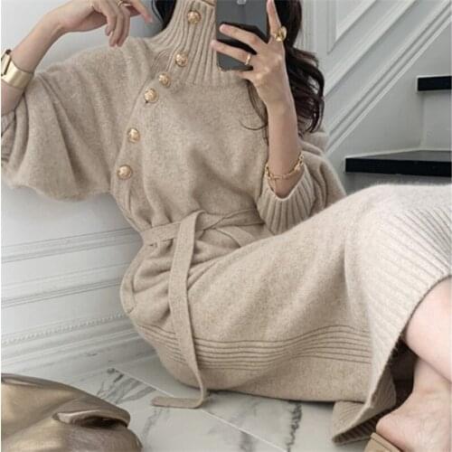 Lace Up Waist Knit Dress Sweater Black Turtleneck Winter Clothes Women Pullovers High Neck Top Solid Casual Dresses Sweaters