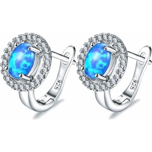 Top Grade Cubic Zirconia Earrings 925 Sterling Silver Blue Opal Round Clip Earrings Woman Jewelry