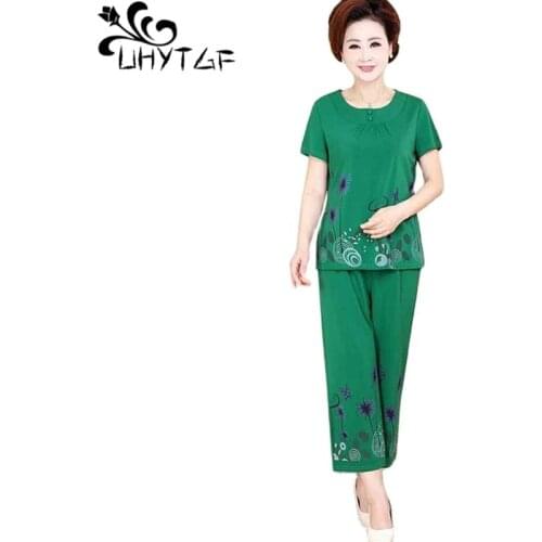 UHYTGF Womens Tracksuit Middle-Aged Elderly Mothers Summer Two-Piece Sets Short-Sleeved Pullover 5XL Plus Size Suit Female 2173