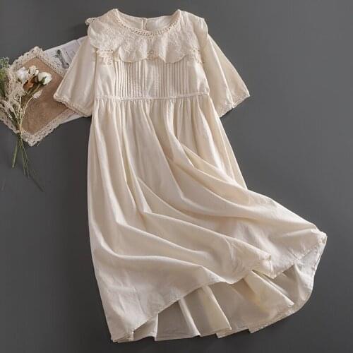 2021 New Lace Big Collar Women Mori Girl Loose Accordion Pleated Lace A Dress Short-Sleeve Long Dress Female