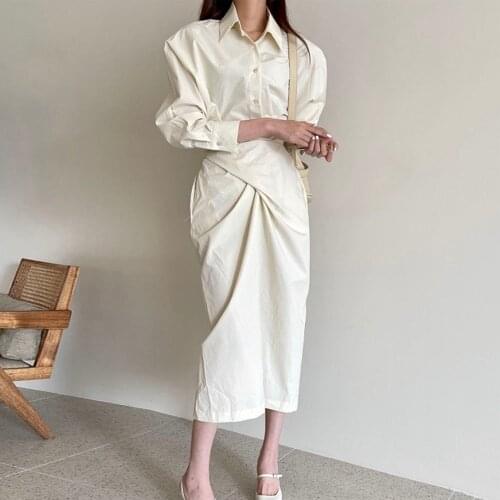 Korean Fashion Design 2021 Autumn New Dress Simplicity Lapel High Waist Cross Solid Color Long Sleeve Simplicity Loose Womens