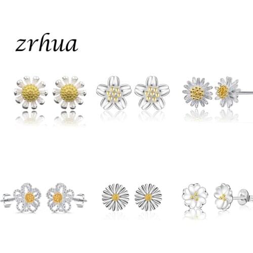 ZRHUA Simple Original Flower Stud Earrings for Women Girls Gold Silver Color High Quality Engagment Jewelry