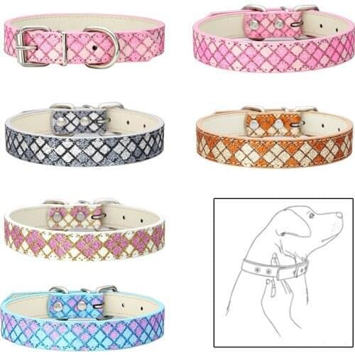 1PC Dog Necklace Puppy Leash High Quality Plaid Glitter PU Leather Cat Collar Personalized Pet Supplies