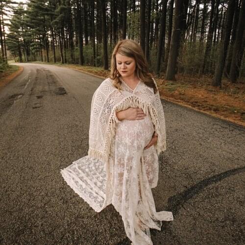 Beige Cotton Bohemian Long Bell Sleeves Maternity Dress Pregnant Gown Lace Robe for Woman Photography Prop Baby Shower Dress