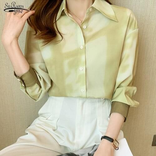 Tie-dye Printed Elegant Temperament Shirt Woman Autumn Warm Sun Chiffon Top Woman Loose Shoulders Long-sleeve Blouse Woman 16377