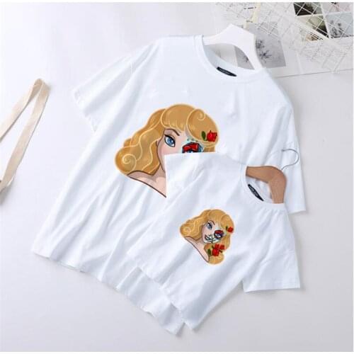 Funny Disney Princess T Shirts For Family Summer White O-neck Family Matching Clothes Outfits Harajuku Kids Girls Tops