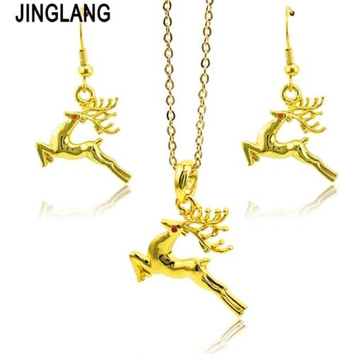 JINGLANG Christmas Jewelry Sets Fashion Gold Color Deer Charms Earrings Necklace For Women Jewelry