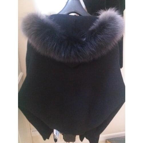 Natural knitted mink cashmere cardigans with real fox fur hood womens fashion Batwing sleeve sweater