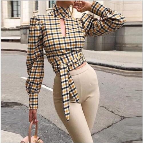 Plaid Blouse Women Long sleeved sexy backless Tops Summer fall Shirts Female Fashion Womens Blouses 2019 Chemisier Femme Z20