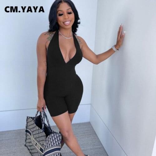 CM.YAYA Women Ribbed Halter V-neck Open Back Romper Active Sexy Bodycon Sleeveless Solid Knitted Playsuit Yoga Overall Outfits