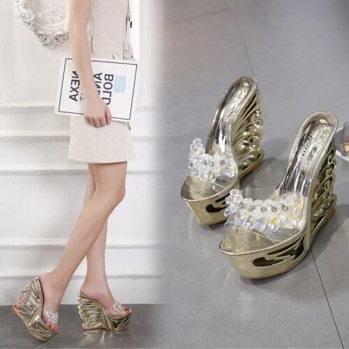 Summer metal luxury beaded rhinestones 14CM high heel sandals fashion waterproof platform hollow womens slippers