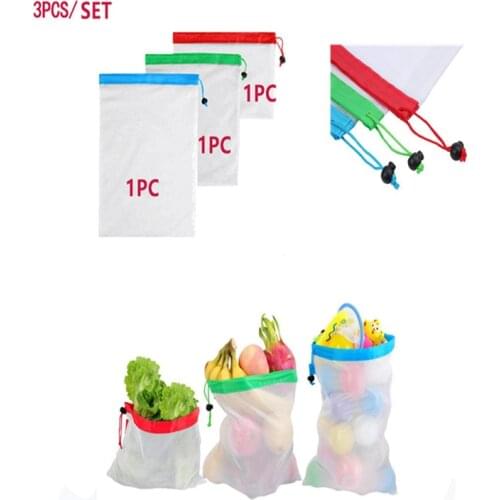 3pcs/set Reusable Polyester Mesh Produce Bag Fruit and Vegetable Shopping Organize Bag Washable Durable Grocery Tote Bag