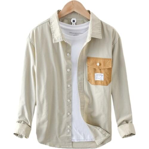 Long Sleeve Shirts for Men Casual Patchwork Vintage Clothing Pure Cotton Turn-down Collar Male Single Breasted Tops