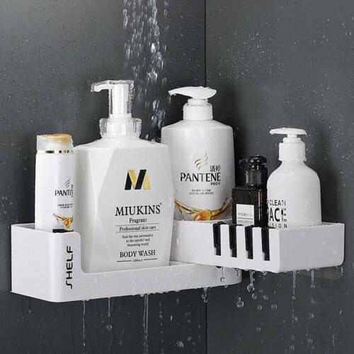 Wall Mounted Bathroom Shelf No Drilling Bathroom Organizer Shelf With Hooks Rotatable Plastic Corner Shelves For Kitchen Toilet