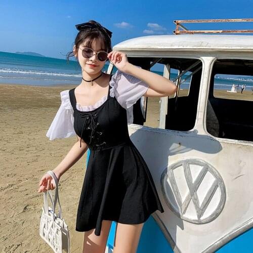 2021 New Women Swimsuit Print One Piece Swimwear Sexy Bandage Beachwear Push Up Padded Korea Style Bathsuit Swimskirt