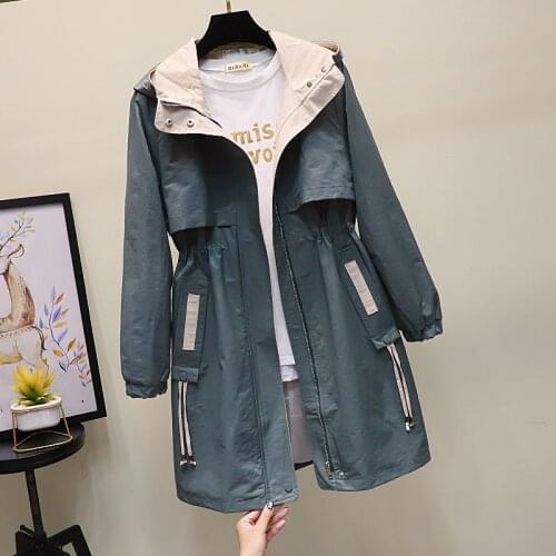 2019 Spring Autumn Women Coat Windbreaker Hooded Casual Long Trench Coat Female Loose Plus Size Outwear R1150