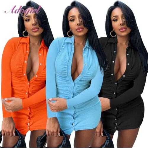 Casual Solid Ribbed Knitted Deep V Neck Long Sleeve Ruched Mini Shirt Dress Women Elegant Autumn Office Lady OL Dresses Vestidos