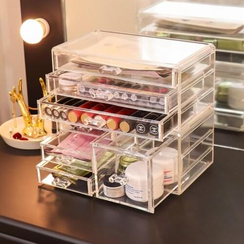 Transparent Makeup Organizer Cosmetic Storage Box Acrylic Drawer Jewelry Display Cabinet Lipstick Powder Storage Stackable