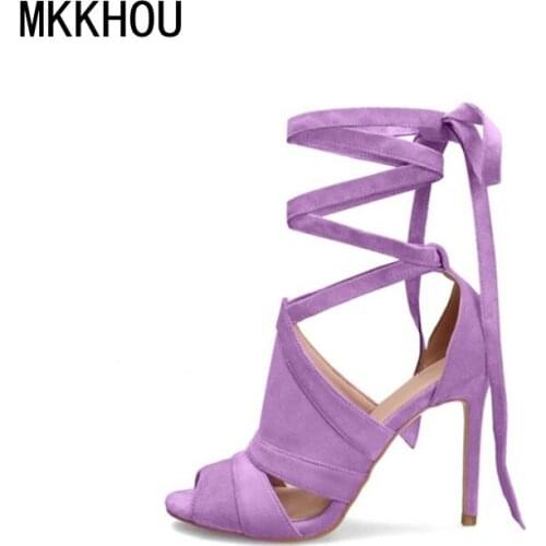 MKKHOU Fashion Sandals Womens New Summer Shoes Suede Fish Mouth Cross Straps Stiletto High Heels Roman High Heels Large Size