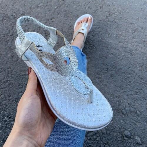 Tonar Maly Silver Skin Beads Embroidered Women 'S Sandals New Season Trend Fashion Flat Bottom Cool Style Finger Cross Cubic Zirconia