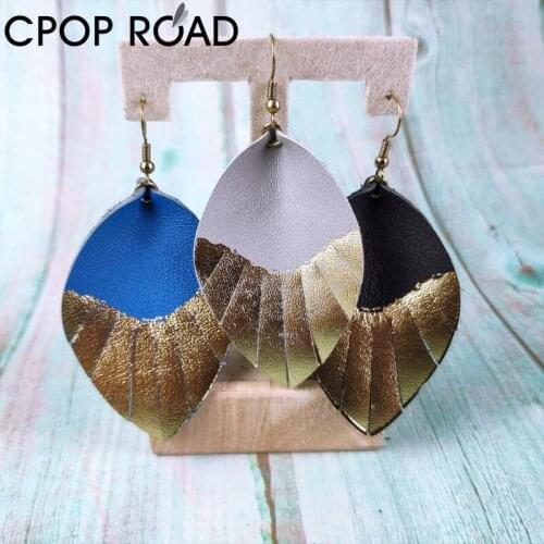 Cpop Cowhide Leather Earrings for Women Gold Brushed Eye Catching Glitter Leather Earrings Leaf Pendant Tassel Boho Earrings